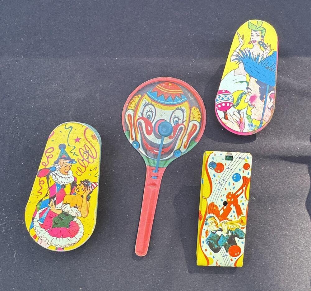 Vintage Noise Makers Kirchhof 1920’s Party US Metal Toy USA Lot Of 4 -TO11